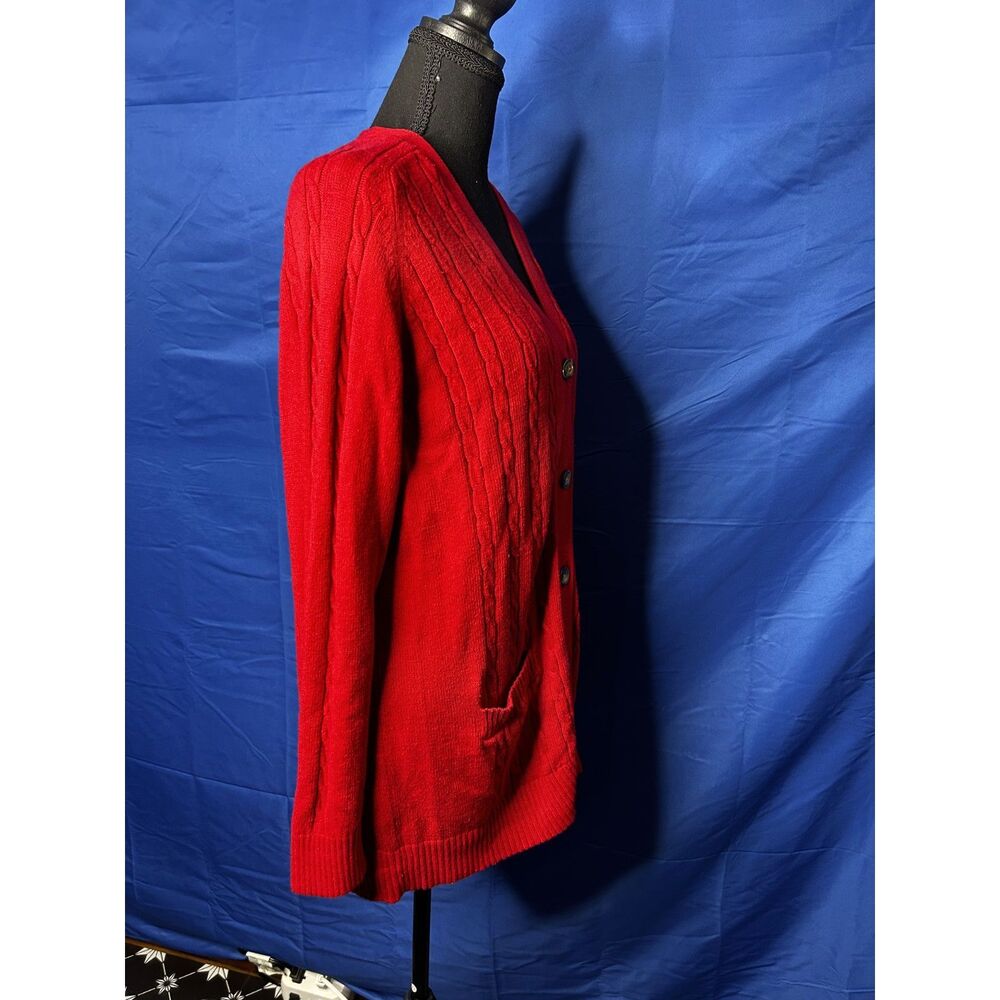Lands End Womens Red Cable Knit Cardigan Sweater L Preppy Classic Academia Wool - Picture 3 of 12